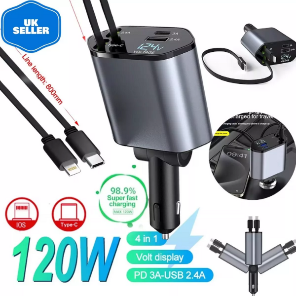 4 in 1 Retractable Car Charger USB Type C Cable For Phone Fast Charge Adapter