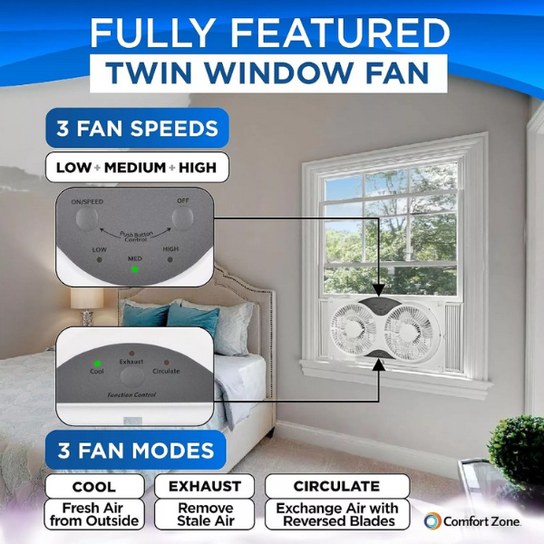 Comfort Zone Living Comfort 9" Smart Wi-Fi Reversible Twin Window Fan, 3 Speeds - Image 3