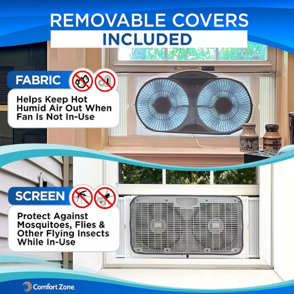 Comfort Zone Living Comfort 9″ Smart Wi-Fi Reversible Twin Window Fan, 3 Speeds