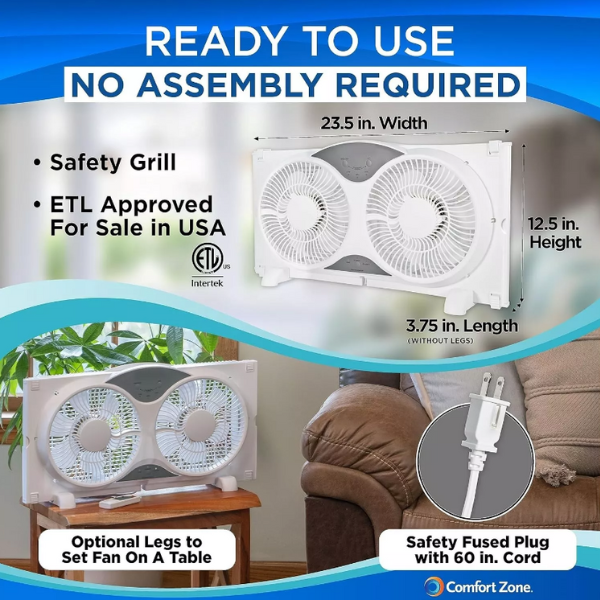 Comfort Zone Living Comfort 9" Smart Wi-Fi Reversible Twin Window Fan, 3 Speeds - Image 2