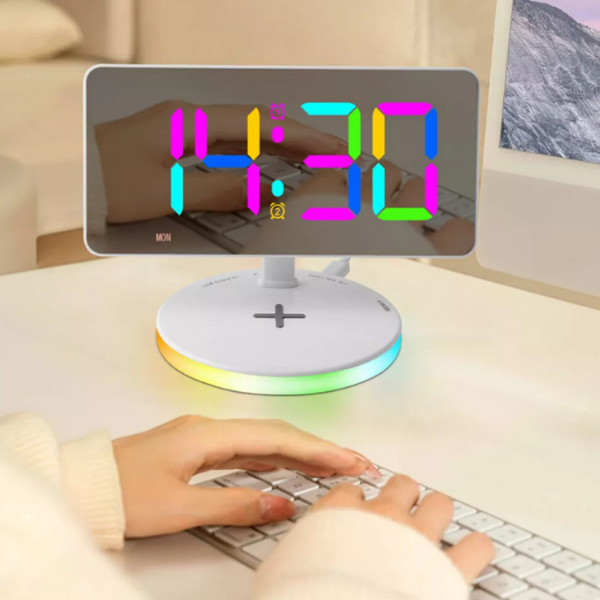 LED Alarm Clock Electric Large Display Wireless Charger Adjustable Makeup Mirror